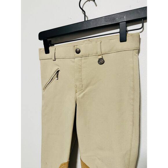 OVATION Show Tan Suede Faux Suede Knee Patch Hunter Dynamic Breeches Pants sz 12 - Picture 13 of 13